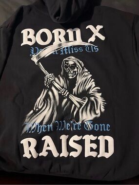 BORN X RAISED Black Hoodie with White and Blue Graphics
